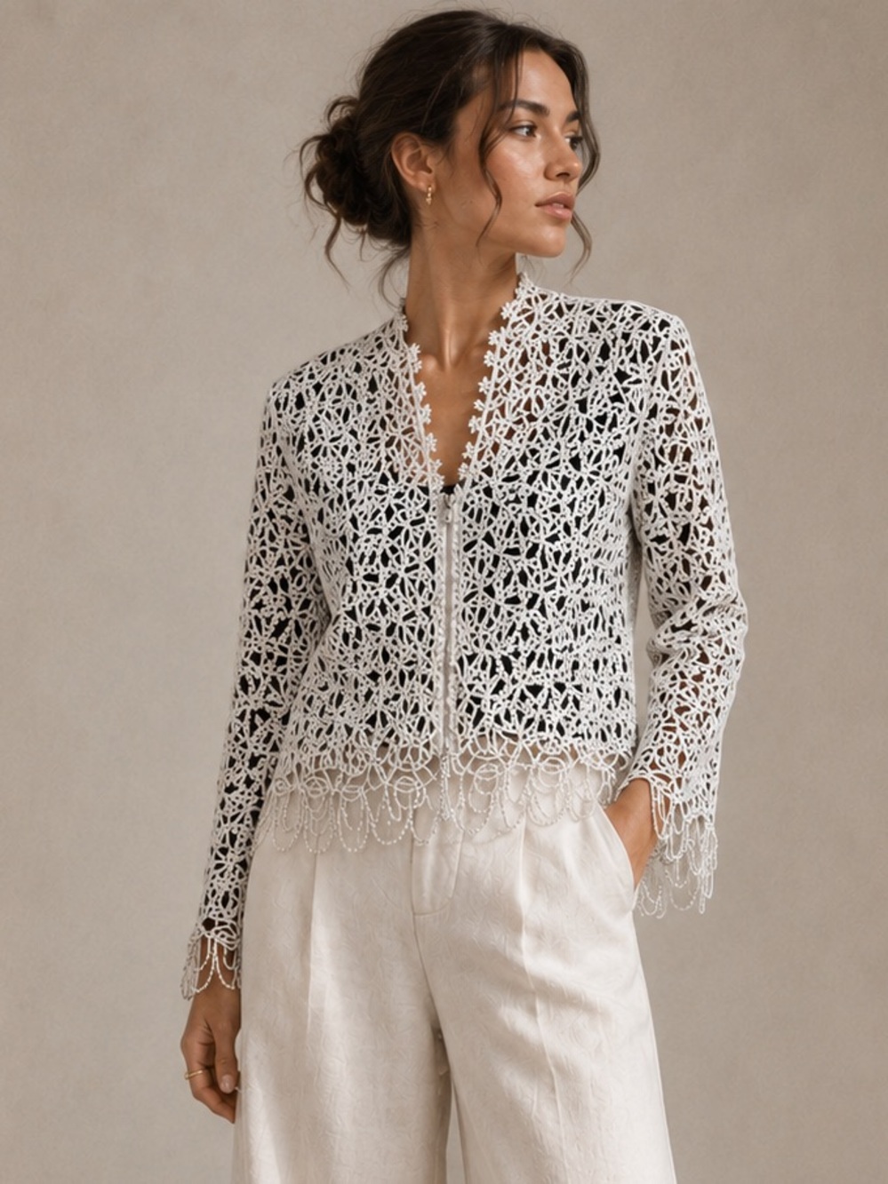 Akris White & Black Textured Appliqué Zip Jacket Blazer Women’s Size 8